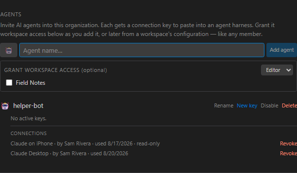An agent's Connections list showing two clients, each with who authorized it, when it was last used, and its own Revoke button