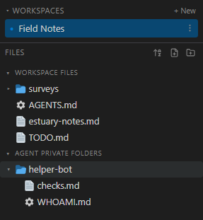 The file explorer in two sections: Brain Files holding the ordinary documents with AGENTS.md carrying a cog icon, and Agent private folders below it holding helper-bot, opened to show its own notes and WHOAMI.md