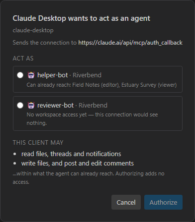 The consent screen: the client's name and registered URL, the agent picker, and the list of brains the agent can already reach with its role in each